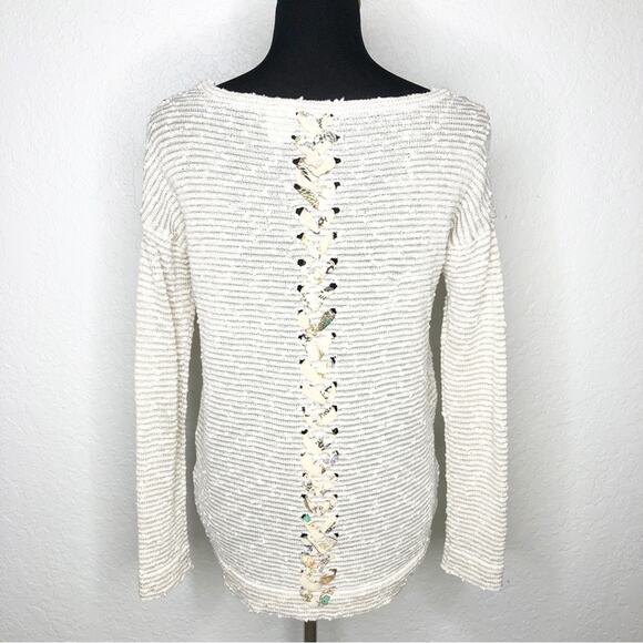 Anthropologie Akemi + Kin cream tan striped floral lace up trim knit top Small - Picture 14 of 14